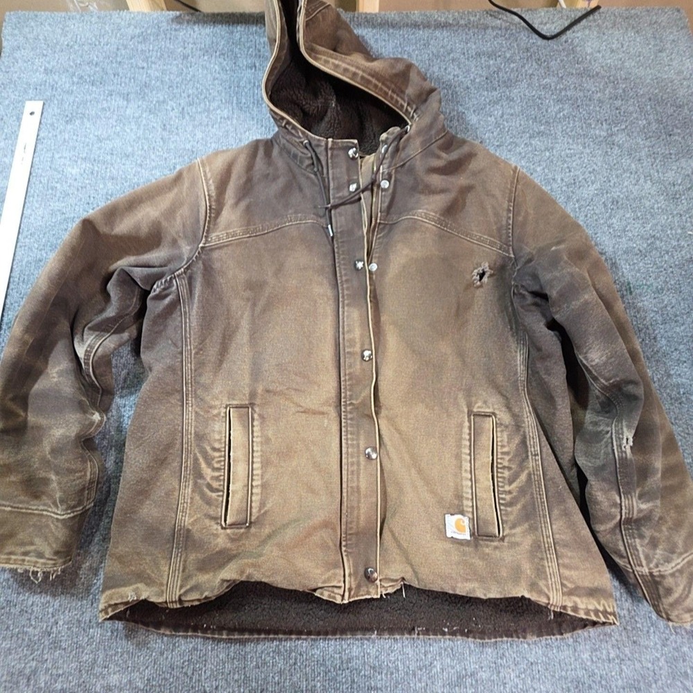Carhartt Jacket Kids 12-14 Brown Canvas Hooded Full Zip Fleece Lined Workwear